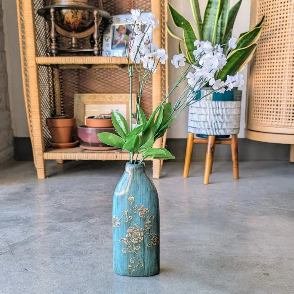 Vintage Teal Liquor Bottle Hand Painted Floral Ceramic Vase - Picture 2 of 9